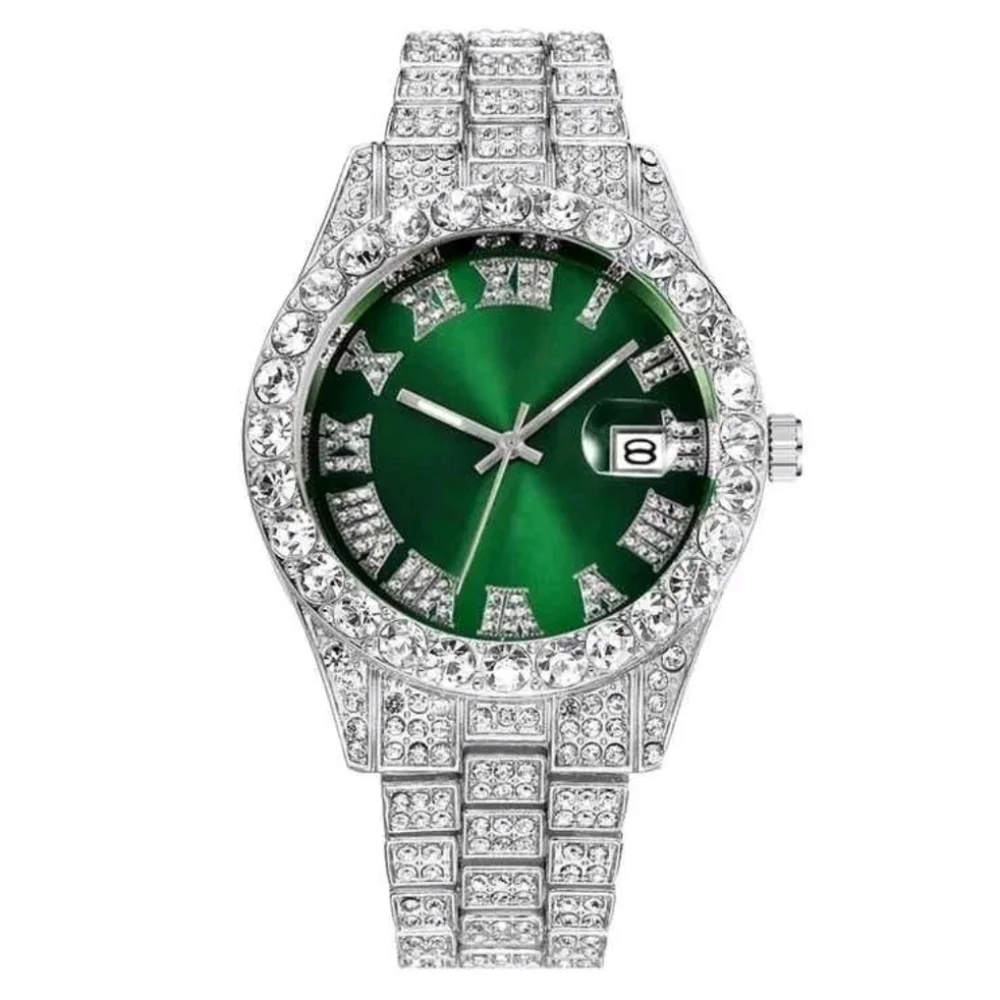 Silver & Green Luxury Iced Bling Hip Hop Fashion Quartz Date Watch New
